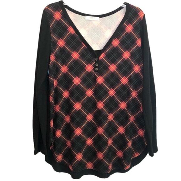 NEW Knit Henley with Plaid Front in Black/Rusty Orange Women’s 1X - Picture 2 of 7